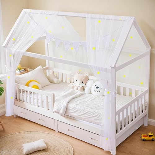 ToxyJopy Set di 2 letti a baldacchino con stelle luminose, decorazione per letto con bandierine in cotone biologico, decorazione per la cameretta dei bambini