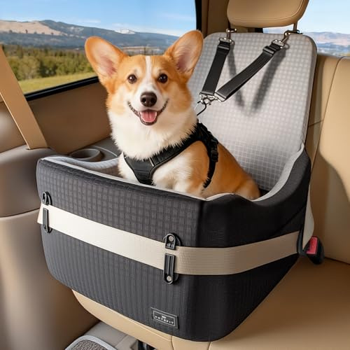 PETSFIT Seggiolino Auto per Cani di Taglia Piccola/Media fino a 15 kg – Sistema di Sicurezza Brevettato, Rialzo con Memory Foam da 13 cm, Sfoderabile e Lavabile, 2 Tasche Portaoggetti (Nero & Grigio)