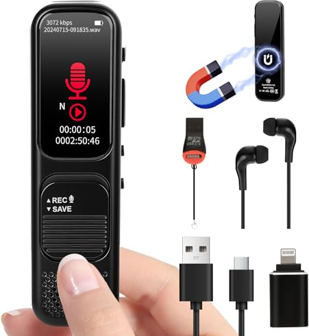 Woeaozy 64GB Diaphone Enregistreur Vocale - 3072 Kbps Dictaphone Numérique avec Activation Vocale, Lecture & Réduction du Bruit, Enregistreur Audio pour Appels/Conférence/Interviews/Classes