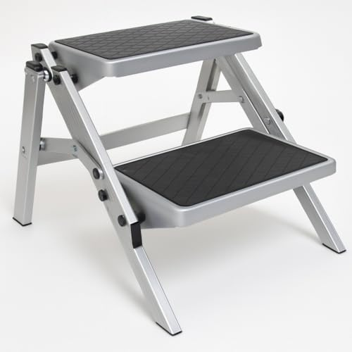 Folding Aluminium Double Step Stool (Caravan Foldable Non-Slip Twin Platform)