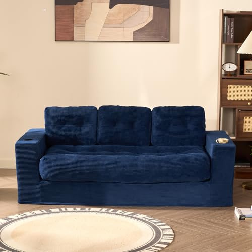Litbird 3 Seater Sofa,Space-Saving Boneless Sofa in a Box with Cushions & Cup Holders, Corduroy Floor Sofa with Backrest, No Assembly Required, for Small Spaces & Teens, Navy