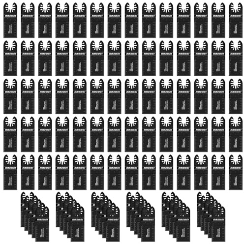 AMZWEI 100PCS Multi Tool Blades, Multitool Blades for Wood Plastic Cutting | 100pcs 34MM HCS blades, High Carbon Steel,Precision Cutting with Marks,Compatible with Dewalt Milwaukee Bosch Makita Dremel