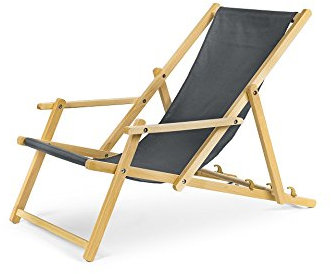 Unbekannt Klappbare Liegestuhl aus Buchenholz mit Armlehnen - 3-Fach Verstellbarer Sonnenliege bis 120kg - Strandliege, Klappliege für Garten, Balkon grau
