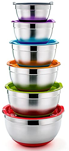 P&P CHEF Mixing Bowls With Lids, Set of 6, Stainless Steel Nesting Mixing Bowls & Fitting Lids & Non-Slip Silicone Bottom, Ideal for Mixing, Storing, Size 0.7/1/1.5/2.5/3/4.6 Qt, Multicolor