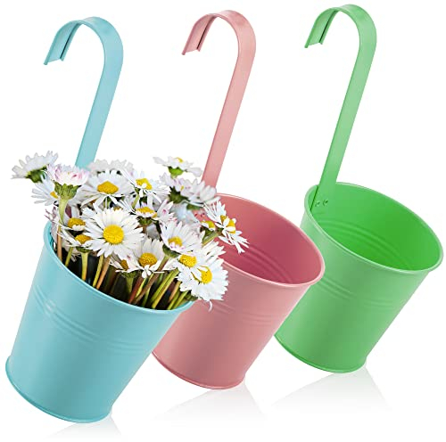 com-four® 3X Pots de Fleurs Suspendus pour balcons - Pots Suspendus aux Couleurs Vives pour Plantes et Herbes - Pots de Fleurs avec Crochets [la sélection varie] (03x Pot en métal - Multicolore)