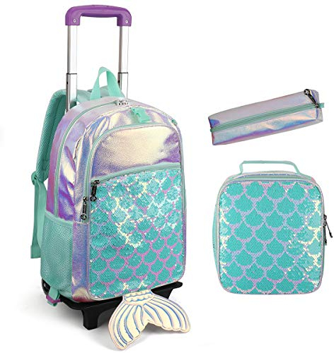 IvyH Schulranzen Trolley Rucksack Madchen, Kinderrucksack Meerjungfrau Pailletten Grundschultasche Schultrolley mit Lunch-Tasche Federmäppchen PU Schultaschen-Sets 2 Rädern Schulrucksäcke