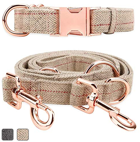 Rose Gold Dog Collar and Lead(2m) Set | Exceptionally Elegant & Adjustable | 3 Adjustable Lengths Dog Leash | Soft and Easy to Clean(Beige;M(13.8-19.7))