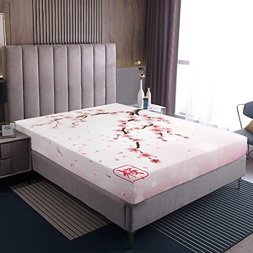 Kirschblüten Spannbetttuch Bettwäsche Im Japanischen Stil Romantisches Thema Rosa Bettwäsche Dekor Set Botanical Blumen Bedrucktes Spannbetttuch Set, für Frauen Mädchen Paar Teen Sanft, 140x200