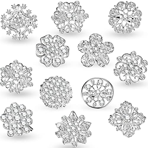 12 Stück Kristall Knopf Broschen Strass Schals Schnalle Geblüht Corsage Blumenstrauß Kit DIY für Frauen Hochzeit Jahrestag Dekoration (Silber)