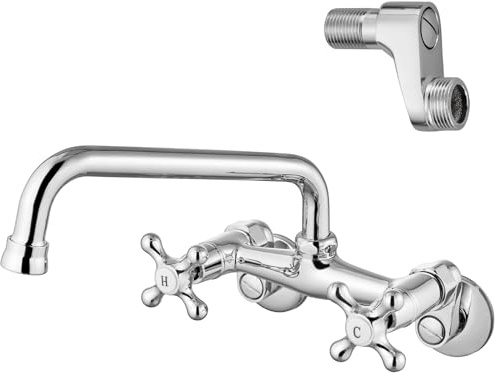Airuida Chrome Polish Wall Mount Kitchen Faucet 8 Inch Spout Reach Adjustable Center Double Cross Handles 3 Inch to 8.7 Inch Hot and Cold Water Mixer Tap 360 Rotatable Faucet