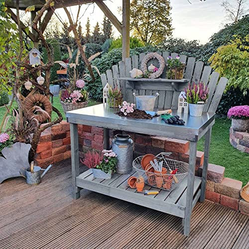 Beauty.Scouts Pflanztisch Agnes groß Kiefernholz grau 116x69x139cm Blumenpflanztsich Gartenarbeitstisch Garten Gartenpflanzen Outdoor Utensilien Gartenarbeit