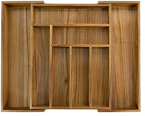 Luxury Acacia Kitchen Drawer Organizer - Silverware Organizer - Utensil Holder and Cutlery Tray with Grooved Drawer Dividers for Flatware and Kitchen Utensils (8 Slot), 17*12.4*2 inch