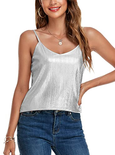 VIDUSSA Femme Débardeur Paillettes sans Manche Brillant Soiree Bal Danse Col V Chemise Cami Tops Shirt Hauts Argent S