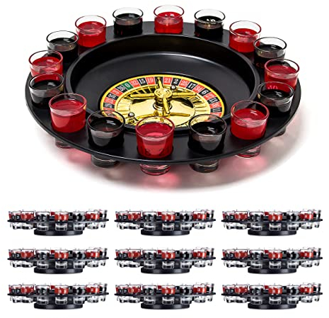Relaxdays 5 x Roulette Trinkspiel, Partyspiel mit Drehrad, je 16 Schnapsgläser & 2 Kugeln, Roulettespiel für Partys, rot/schwarz