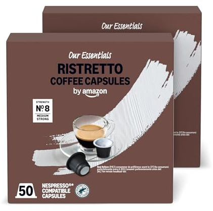 by Amazon Capsules de Café en Plastique Ristretto Compatibles Nespresso, Torréfaction Moyenne, 100 Unités (2 Paquets de 50) – Certifiées Rainforest Alliance