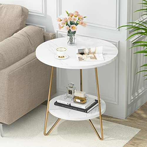 Tribesigns Beistelltisch rund, Couchtisch mit 2 Ebenen, Kleiner Tisch aus künstlichem Marmor, moderner Stil, Nachttisch Kleiner für Wohnzimmer Schlafzimmer, Weiß und Gold (1PC)
