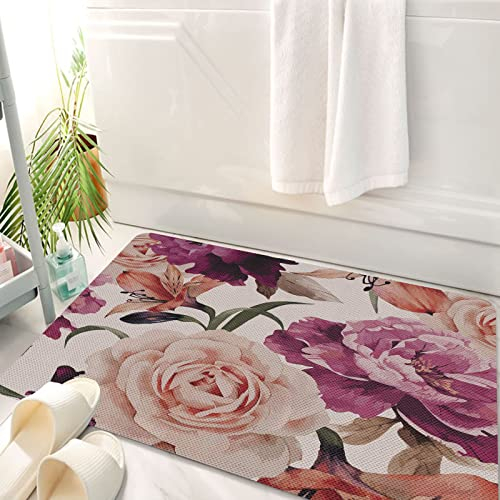 Badematte rutschfeste Badezimmermatte Super saugfähiges Wasser,Blume Blumenmuster mit Rosen Classic Girly al Old Fashioned Art. Aubergine Lachs,einfach zu reinigen und zu trocknen Badezimmermatten