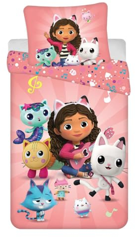 Dreamworks Gabby's Dollhouse biancheria da letto per bambini MerCat, CatRat, Pandy Paws, Baby Box, Cakey, Kitty Fairy, Pillow Cat, DJ CatNip piumone 140 x 200 cm + cuscino 70 x 90 cm 100% cotone