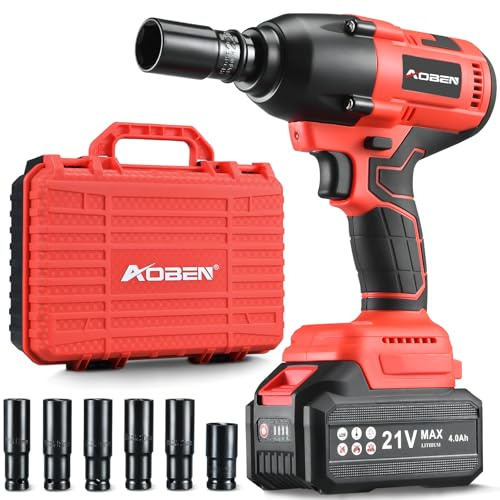 AOBEN Cordless Impact Wrench 1/2 Inch, Power Impact Gun Kit, Max 600N. M/450Ft-lbs High Torque Electric Impact Driver for Car RV Tire, 4.0Ah Battery, Charger, 6 Sockets & Storage Tool Case