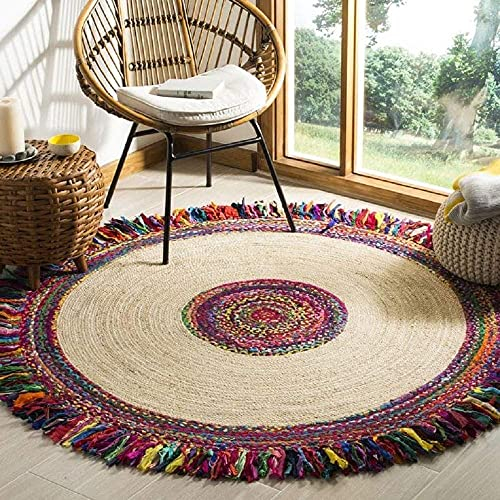 KSJONE Handgefertigter, geflochtener runder Chindi-Teppich, 100% recycelte Jute und Baumwolle, für Küche, Wohnzimmer, Dekoration, handgewebt, bunt, indische Flickenteppiche (Jute-Chindi: 150 x 150)