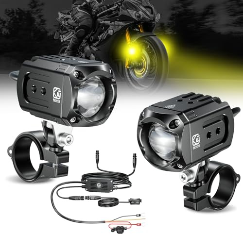 Kewig Motorcycle LED Additional light 60 W Amber/Yellow White Two-Tone Headlights, Fog Lights with Wiring Harness, Off-Road Worklight, Compatible with Jeep, SUV (Black)