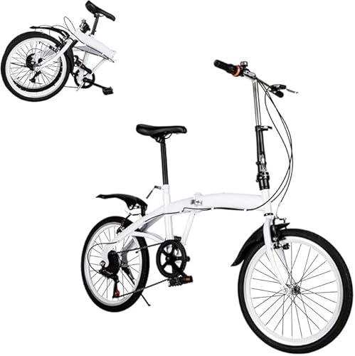 MEHOOSPVN 20 Inch Folding Bike, 6 Speed Gears, Height Adjustable, White
