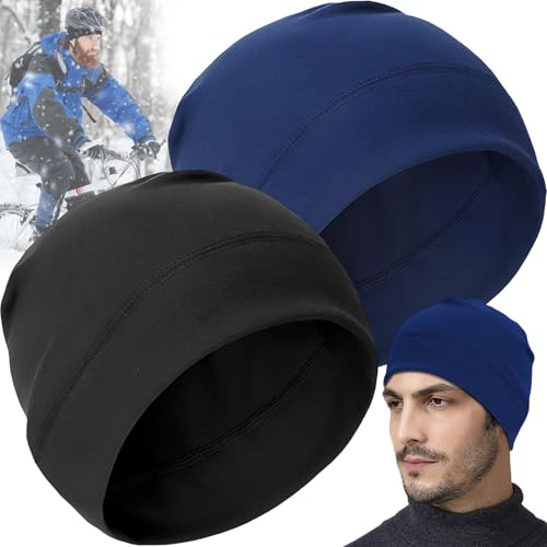 Mikqky 2 Pezzi Cappello da Corsa Invernale, Berretto Uomo Cotone, Traspiranti Cotone Skull cap, Berretto da Casco Sportivo, Cappello Cotone Uomo Donna Leggero, Sottocasco Moto Estivo(Nero, Blu)