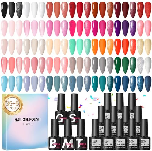 COSCELIA 40Pcs Vernis Semi Permanent Kit, 35 Couleurs Rouge Blanc Nude Noir Pailleté Vernis Gel UV Semi Permanent + 1 Base Coat+4 Top Coat, UV/LED Vernis à Ongles pour DIY Kit Manucure