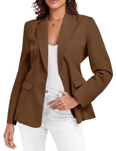 Miesuit Blazer casual para mujer, con frente abierto, chaqueta de traje de negocios, chaqueta de manga larga, con botones, para el trabajo, oficina, verano, ligero, Café, XXL