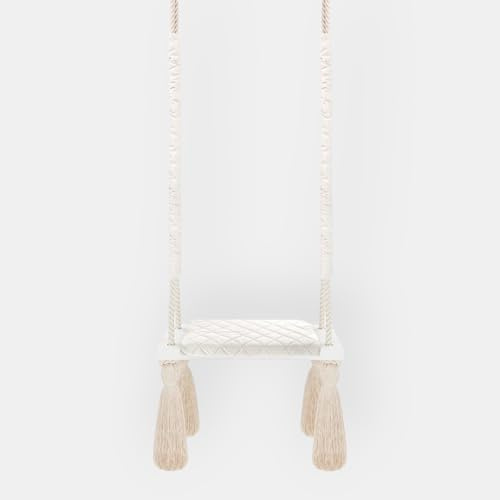 Beige skandinavisk design gunga - vadderad sammetssäte 60 cm; bomullsrep med dekorativa tofsar; för barn och spädbarn; trästruktur; maximal belastning 100 kg