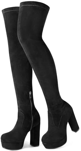 COOLCEPT Stivali alti da donna con tacco grosso e cerniera laterale, Camoscio Nero Sc, 37.5 EU