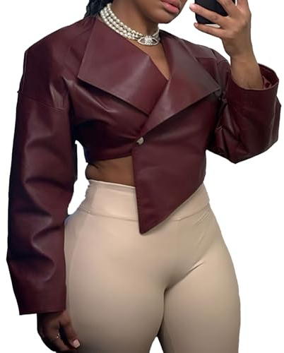 Molilove Crop Leather Jacket Women Faux Leather Long Sleeve Lapel Neck Button Down PU Coats Fall Going Out Jackets