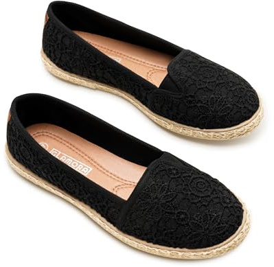 GLAMORA Alpargatas de Encaje con Suela de Esparto, Zapatos Planos Mujer Tipo Bailarinas Manoletinas Cómodas Slip On, Calzado Verano Ligero Transpirable Punta Redonda black-42