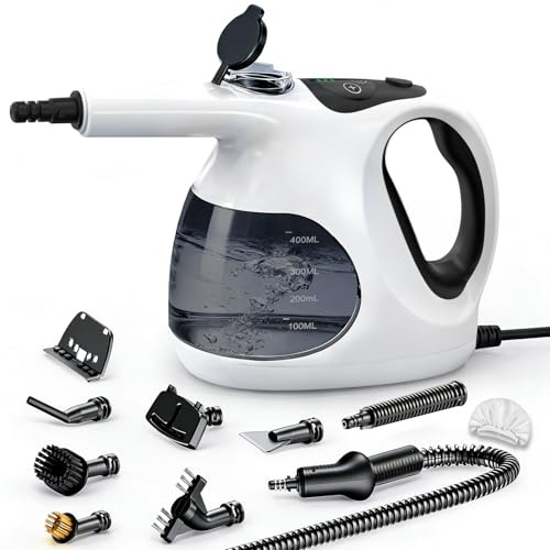 Vaporeta de Mano, Calentamiento en 5S, 400ML Tanque Transparente (Fácil Rellenar), Solo 0.92kg, Vaporeta Limpieza Hogar Con 10 Accesorios, Sin Químicos para limpiar Cocina, Juntas, Sofás, Alfombras