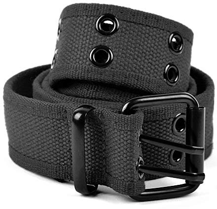 Parquet Solid Color Military and Casual Canvas Belt, Double Grommet Unisex Belt for Men and Women - Black