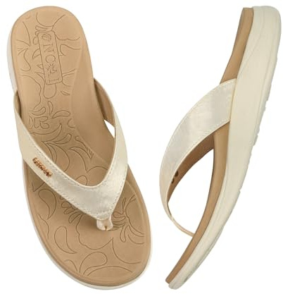 ONCAI Womens Flip Flops,Comfortable Leather Strap Orthotic Arch Support Summer Beach Flip Flops with Soft Cushion Yoga Foam Rubber Soles Beige Size 7