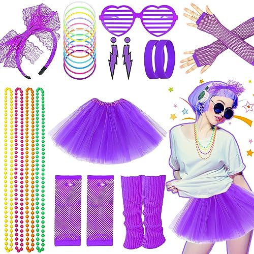 80s Fancy Dress for Women, 1980s Party Purple Costume Accessories Set Tutu Skirt Leg Warmers Fishnet Gloves Glasses Earrings Bracelet Necklace Headband, Retro Outfit for 80s Party, Dress up Day