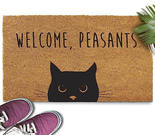 Welcome Peasants Cat Doormat 30x17 Inch, Funny Black Cat Door Mat for Covered Area, Funny Welcome Mat Gift w/ Non-slip PVC Backing