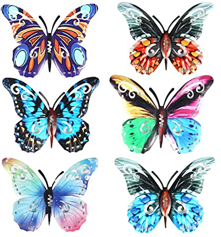 6 Stück Schmetterlings Wanddekoration, Farbig Metall Schmetterlings Wanddekoration Wandkunst Dekoration für Schlafzimmer Hof Terrasse Zäune im Freien