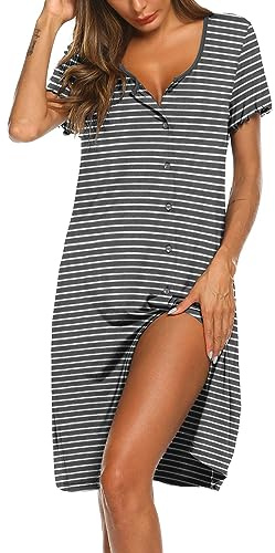 Ekouaer Camison Mujer Dormir Verano Camisón con Botones Ropa de Dormir Lactancia Hospital Manga Corta, Rayas Gris Claro L