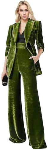 Botong Women's 2 Piece Velvet Office Work Suit - Notch Lapel Double Breasted Blazer with Pants - Business Set, Sage Green, XXL