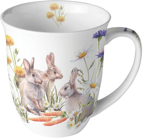 Taza de porcelana con diseño de conejos de Pascua con zanahorias en la hierba. Taza de porcelana para mesa y como regalo, 0,4 x 10,5 cm