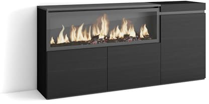Skraut Home | Aparadores para salón | Gran Capacidad de almacenaje | 160 | 3 Puertas | Chimenea eléctrica XXL | Estilo Moderno | Negro