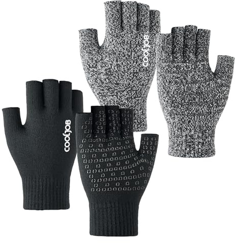 COOLJOB Gants d'Hiver Chauds en Tricot pour Homme et Femme, Gants Demi-Doigts à Écran Tactile pour Smartphone, Conduite, Sport, Velo, Ski, Musculation, Run (2 Paires L, Noir et Gris)