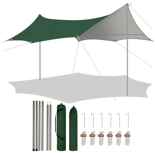 WOLTU Toldo Camping Impermeable, Tarp 4,4x4,4 m Portátil, Lona Protectora Anti-UV, Ideal para Camping, Pesca, Picnic al Aire Libre, Verde