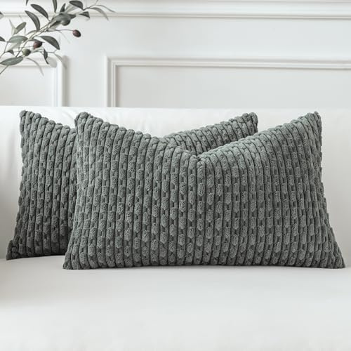 Sungeek Set of 2 Dark Grey Soft Corduroy Decorative Cushion Covers Boho Striped Throw Pillow Covers for Sofa Couch Living Room Patio Farmhouse Home Decor Pillowcases 30x50cm
