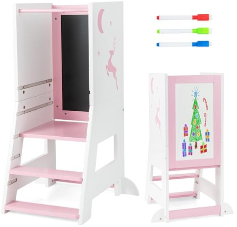 COSTWAY Torre de Aprendizaje, 2 en 1 Torre de Taburete Infantil con 3 Rotuladores, Pizarra Blanca y Negra, Plataforma y Escalón Ajustables, Escalera para Niños para Cocina Baño Comedor (Rosa)