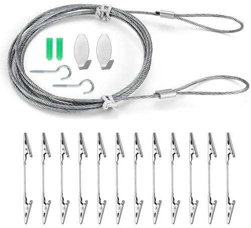 Appendi Foto con 12 Clip a Coccodrillo, Filo per Appendere Foto 1.5 m X 1.8 mm Corda per Foto Cavo Acciaio Portafoto per Muro Appendi Foto da Parete per Appendere delle Foto Cartolina