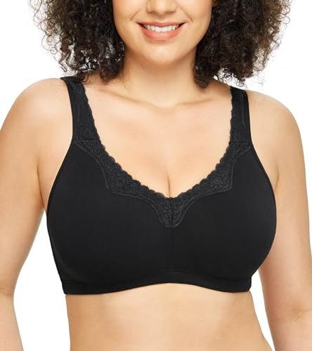 DotVol Women's Lace Cotton Comfort Plus Size Full Cup Minimizer Non Foam Wireless Bra(Black,38DD)