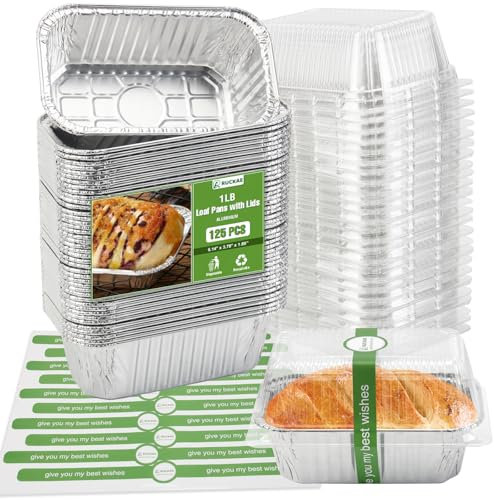 Ruckae 1lb Aluminum Mini Loaf Pans with Lids Silver Disposable Foil Mini Loaf Baking Pans Small Bread Tins for Party,Picnics,Gifts- 6 X 3.5 X 1.8 (125pcs+lids+stickers)